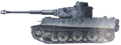 Tiger tank #111. In the vicinity of Mga, September 1942. The vehicle is repainted in lighter gray RAL 7005 Mausgrau over first coat of darker gray RAL