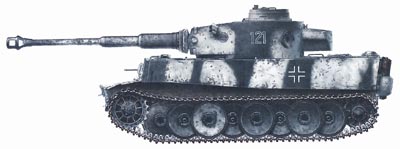 Tiger tank #121 that was captured by Red Army units in January 1943. The vehicle has winter camouflage with wide white lines over base gray color RAL 