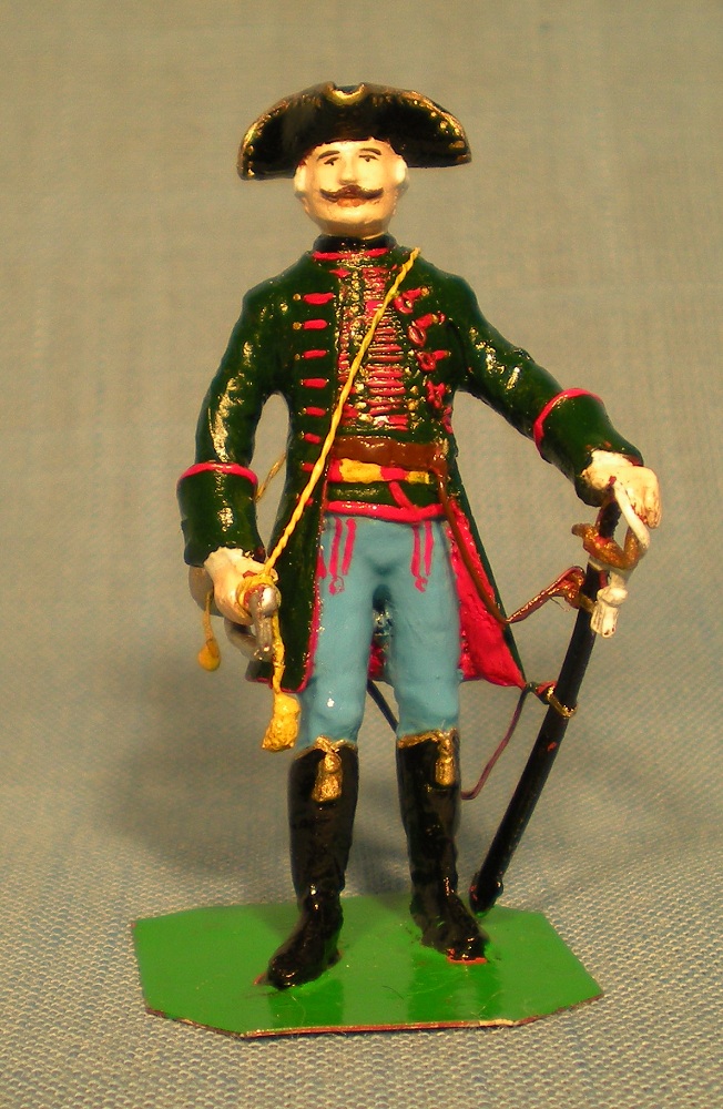 Trumpeter ("Hornist") of Baranyay's hussars.  This is a Stadden figure, and it illustrates the fashion in the Austrian army, under which the trumpeter