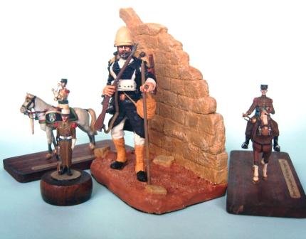 Two FFL musicians, kettledrummer, trumpeter (scratchbuilt on Historex horses), FFL  soldier (a Chota Sahib miniature) and a large scale FFL.